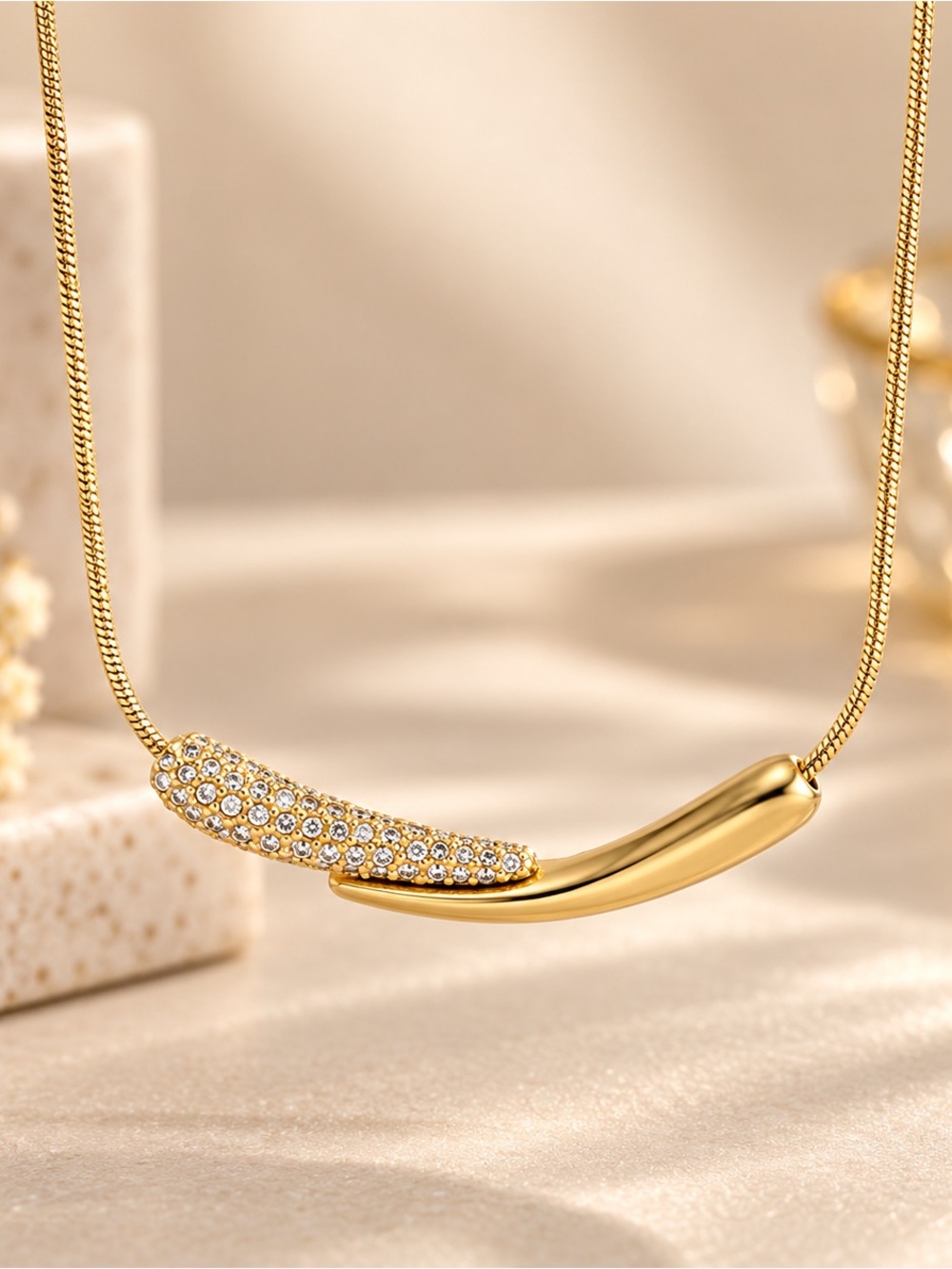Gold Tone Crystal Bar Pendant Necklace Minimalist Statement Jewelry